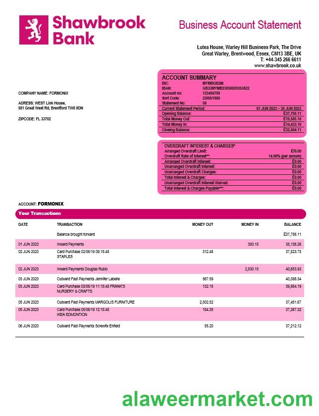 Shawbrook Group enterprise account statement Word and PDF template